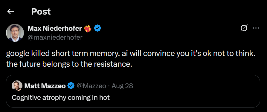 Post warning that AI may persuade people not to think, with a quote about cognitive atrophy